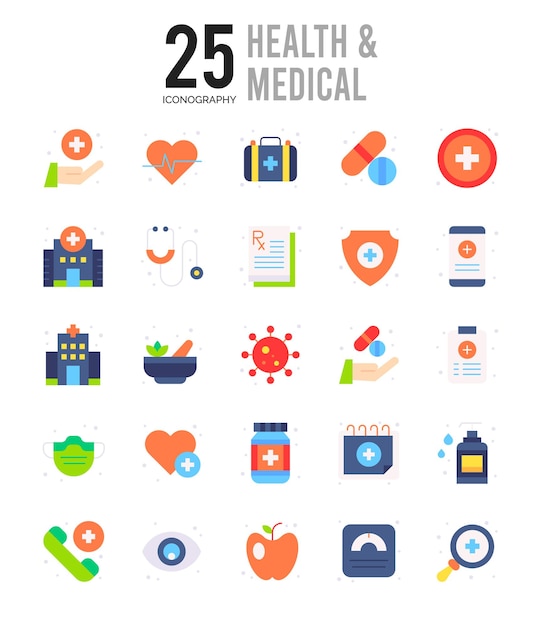 25 health and medical flat icon pack vector illustration