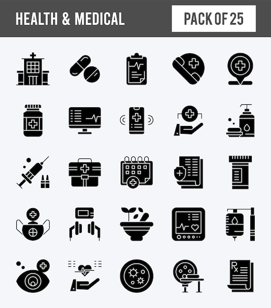 25 векторных иллюстраций набора иконок Health And Medical Glyph