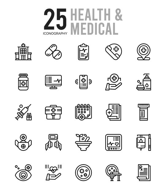 Vector 25 health and medical lineal color icon pack vector illustration