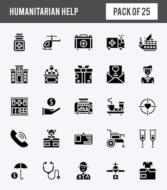 25 Humanitaire hulp Glyph-pictogrammen pakken vectorillustratie