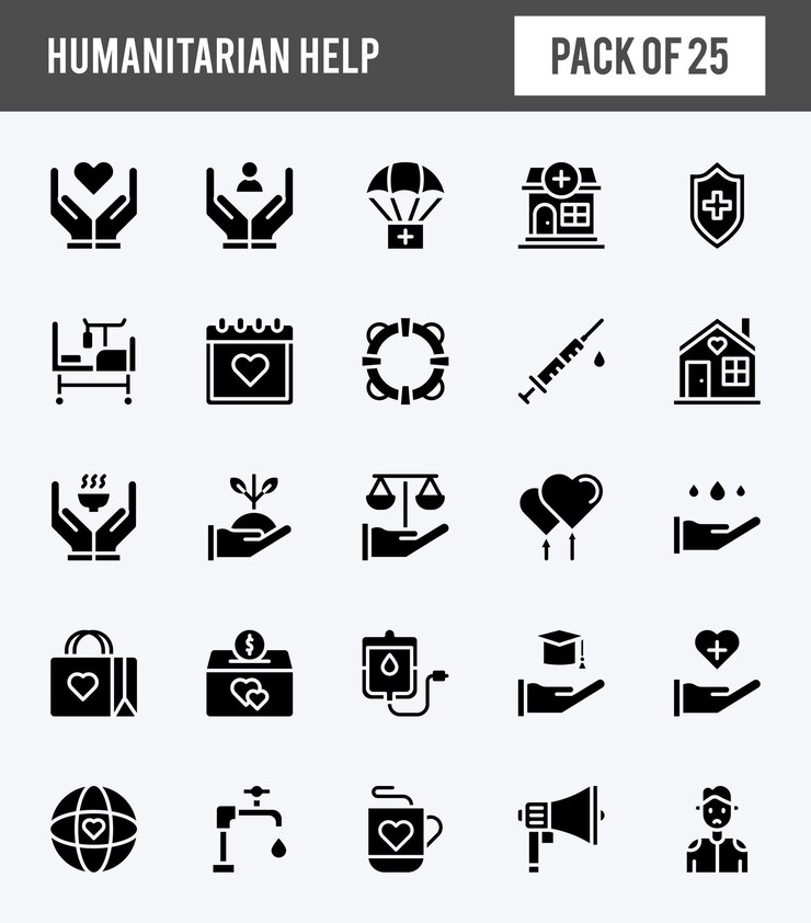 Vector 25 humanitaire hulp glyph-pictogrammen pakken vectorillustratie