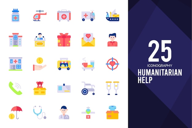 25 Humanitaire hulp plat pictogrammen pack vectorillustratie