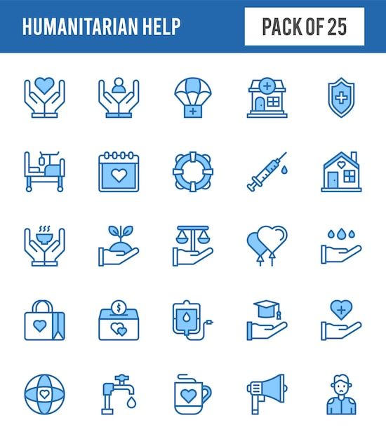 25 Humanitaire hulp twee kleuren iconen pakken vectorillustratie