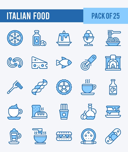 25 Italiaans eten twee kleur iconen Pack vector illustratie