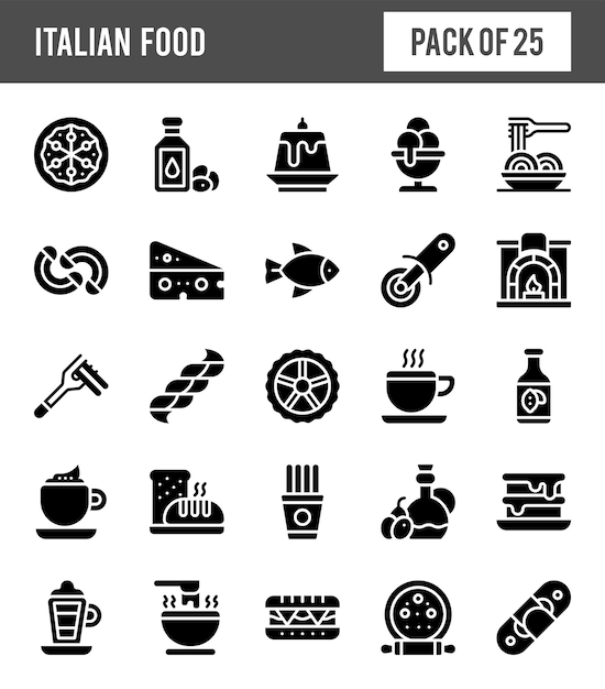 25 イタリア料理グリフ アイコン パック ベクトル イラスト