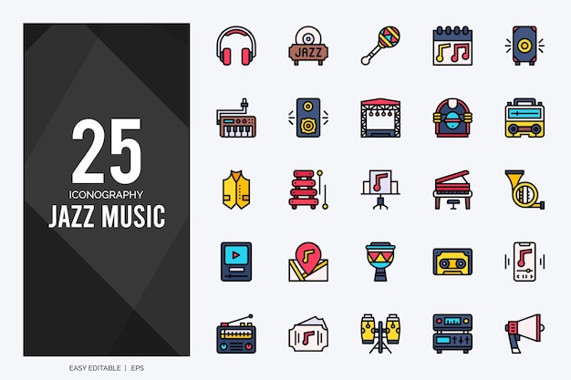 25 jazzmuziek lineaire kleur iconen pack vectorillustratie