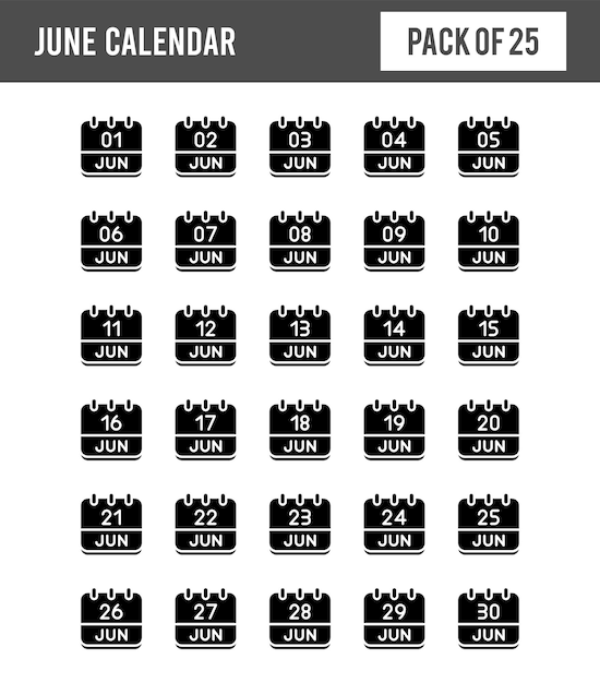 25 juni Calendar Glyph icon pack vector illustratie