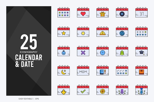 25 kalender en datum lijnkleur icon pack vector illustratie