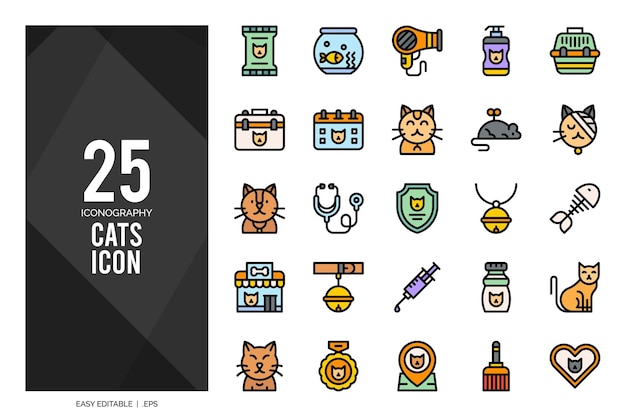 25 katten lijnkleur icon pack vector illustratie