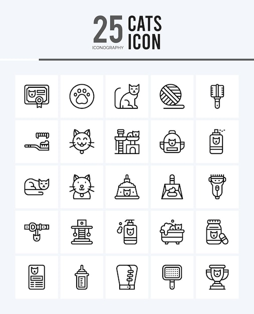 25 katten overzicht iconen Pack vector illustratie