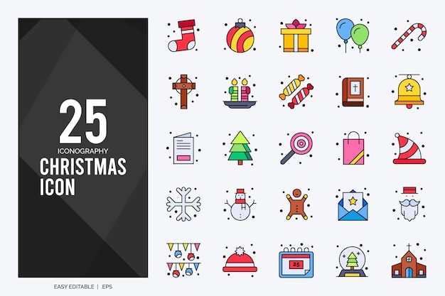 25 kerst lijnkleur icon pack vector illustratie