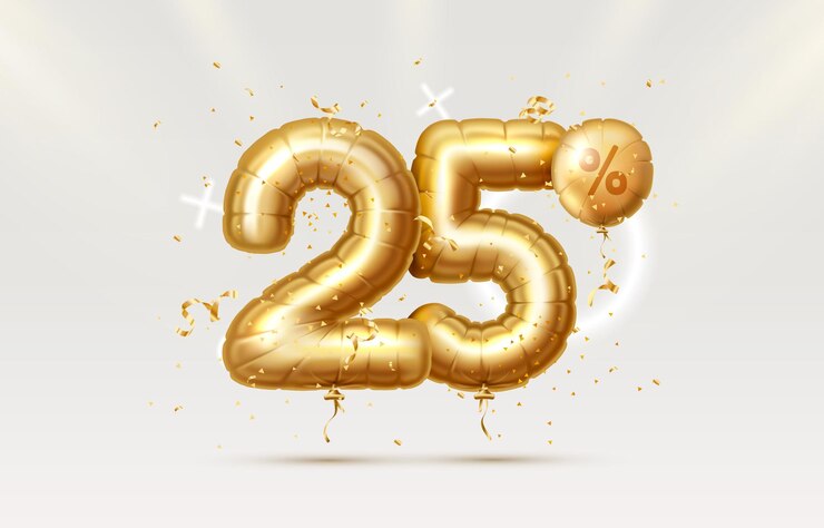 Vector 25 korting op creatieve compositie 3d gouden verkoopsymbool met decoratieve objecten