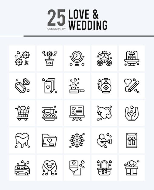 25 liefde en bruiloft overzicht iconen Pack vector illustratie