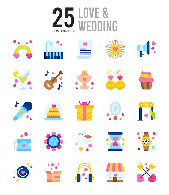 25 Love And Wedding Flat icon pack vector illustration