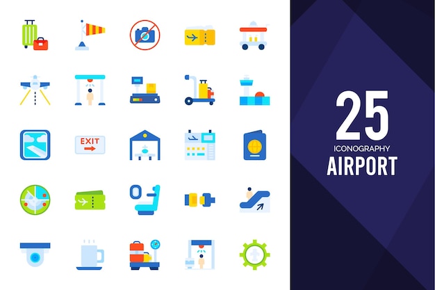 25 luchthaven plat pictogrammen pack vectorillustratie
