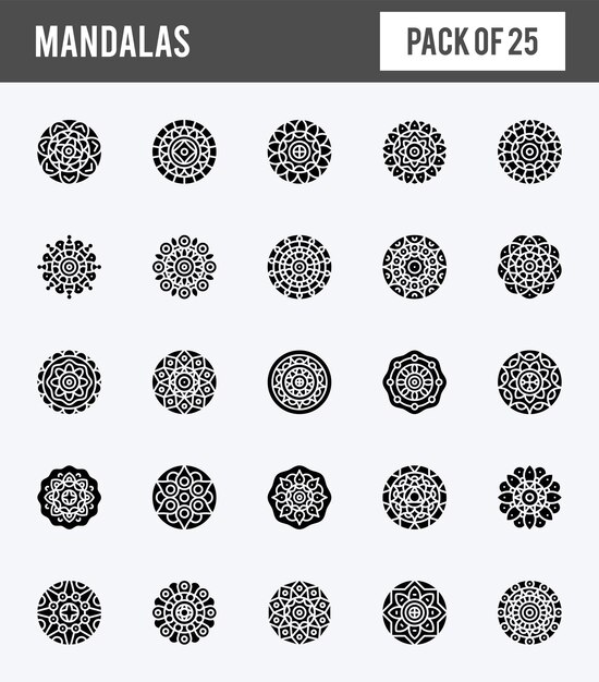 25 icone mandala glyph pack illustrazione vettoriale