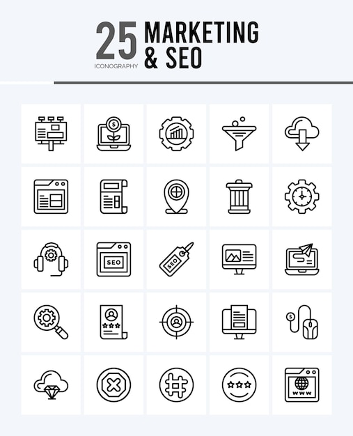 25 のマーケティングと Seo Lineal 塗りつぶしアイコン パックのベクトル図