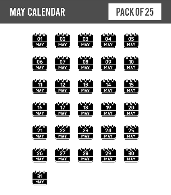 25 May Calendar Glyph icon pack vector illustration