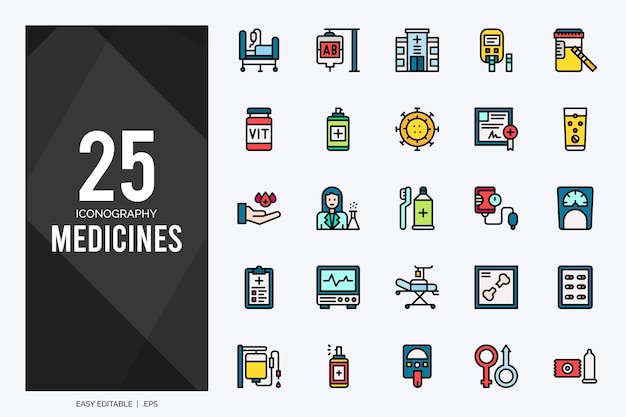 25 medicijnen lijnkleur iconen pack vectorillustratie