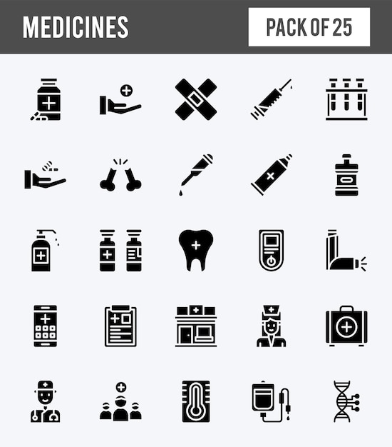 Vector 25 medicines glyph icons pack vector illustration