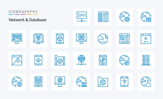 25 ネットワークとデータベースの青いアイコン パック ベクトル アイコン イラスト