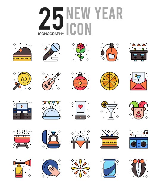 25 New Year Lineal Color icon pack vector illustration