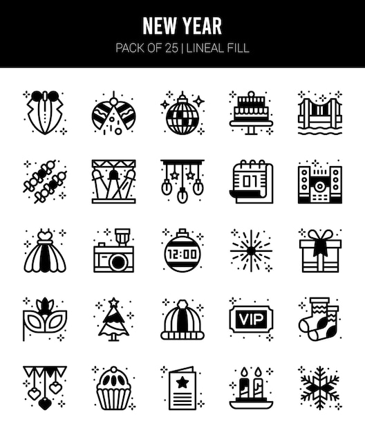 Vector 25 nieuwjaar lineal fill iconen pack vector illustratie