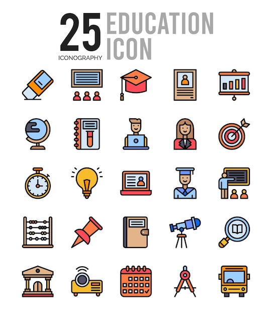 Vector 25 onderwijs lijnkleur icon pack vectorillustratie