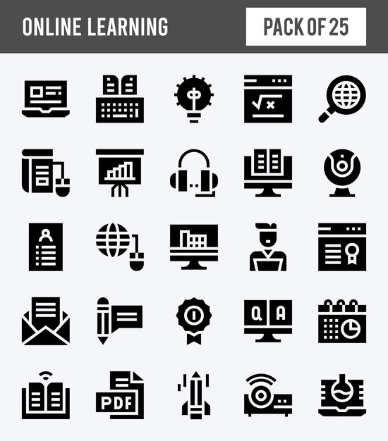 25 online leren Glyph icon pack vector illustratie