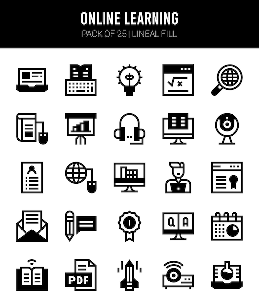 25 online leren Lineal Fill iconen Pack vector illustratie