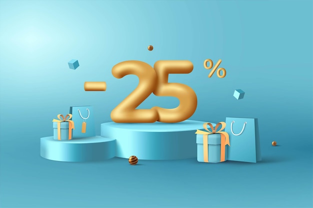 25 percent Off 3D Gold Discount numbers on podium with shopping bag and gift box