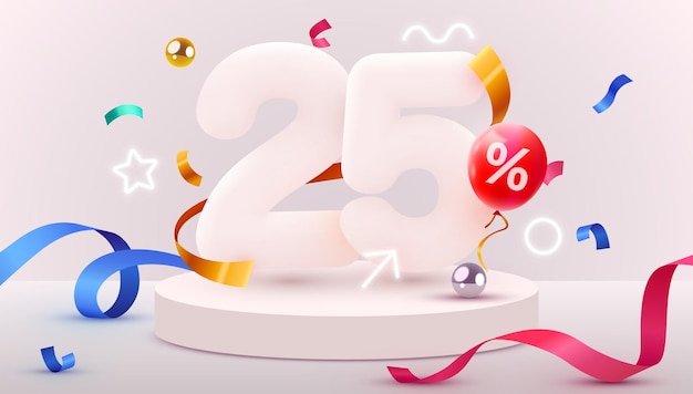 25 percent off discount creative composition 3d sale symbol with decorative objects balloons