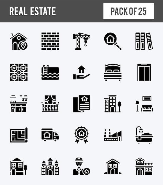 25 Real Estate Glyph icons pack vector illustration