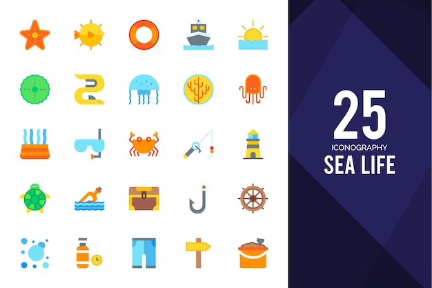 25 Sea Life Flat iconen pakken vectorillustratie