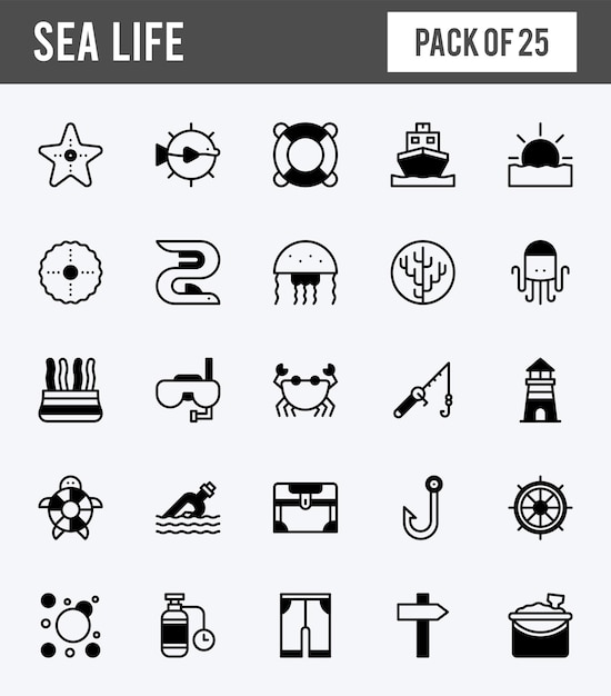 25 Sea Life Lineal Fill-pictogrammen pakken vectorillustratie