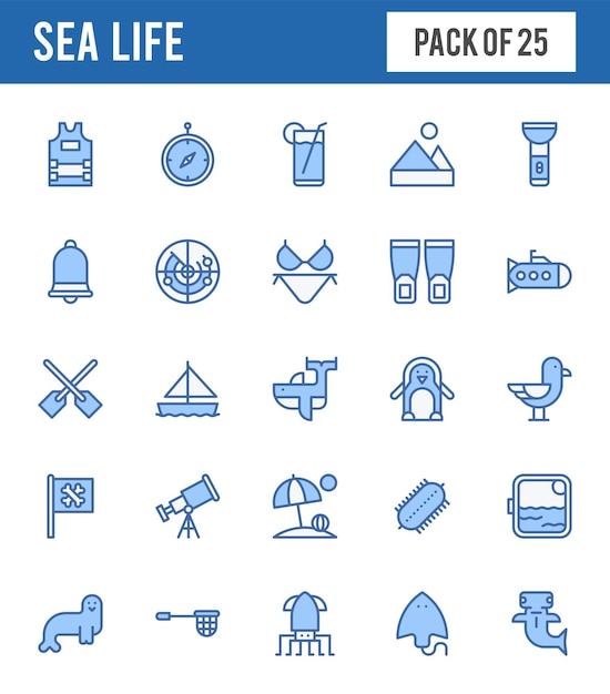 25 sea life two color icons pack vector illustration