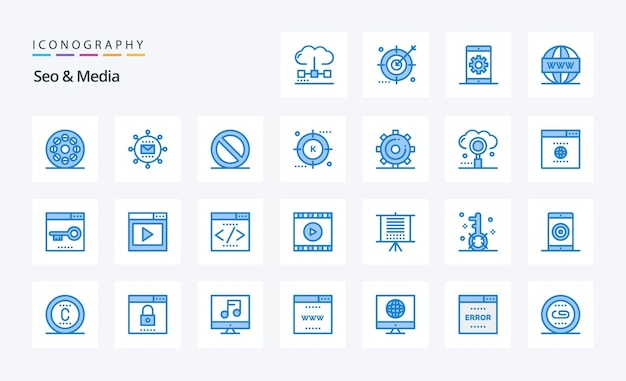 25 seo メディア ブルー アイコン パック ベクトル アイコン イラスト