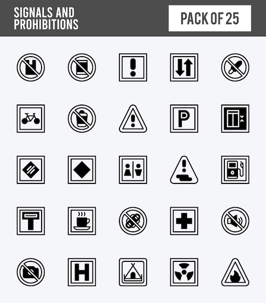 25 signals and prohibitions lineal fill icons pack vector illustration