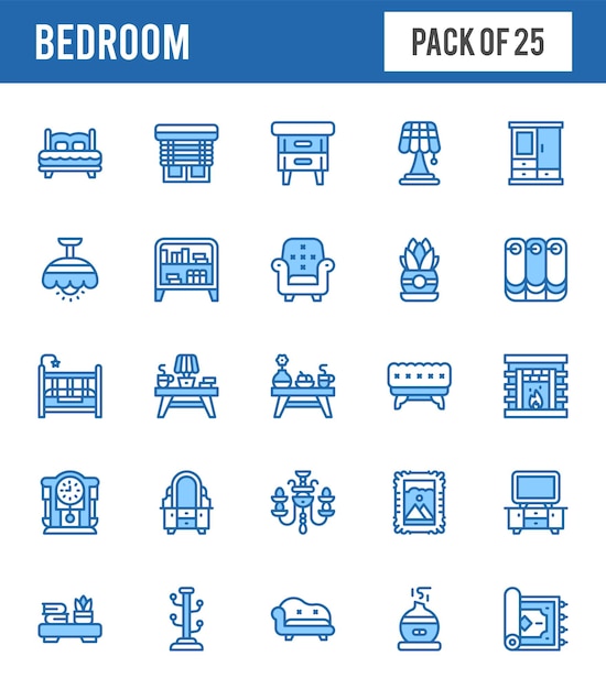 25 slaapkamer twee kleuren iconen pack vectorillustratie