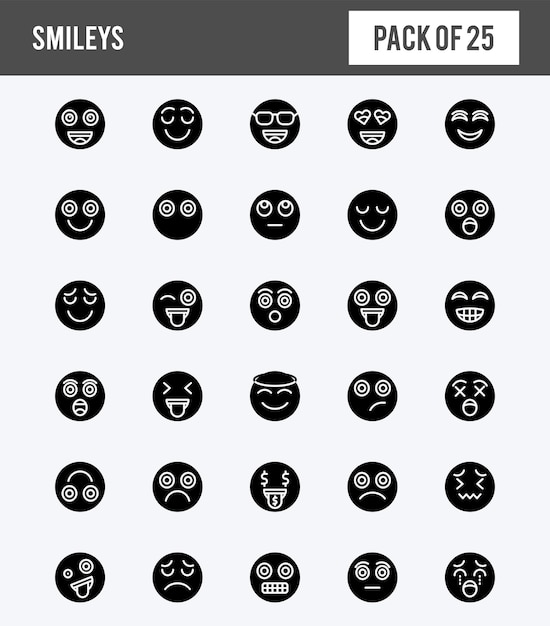 25 Smileys Glyph icons pack vector illustration