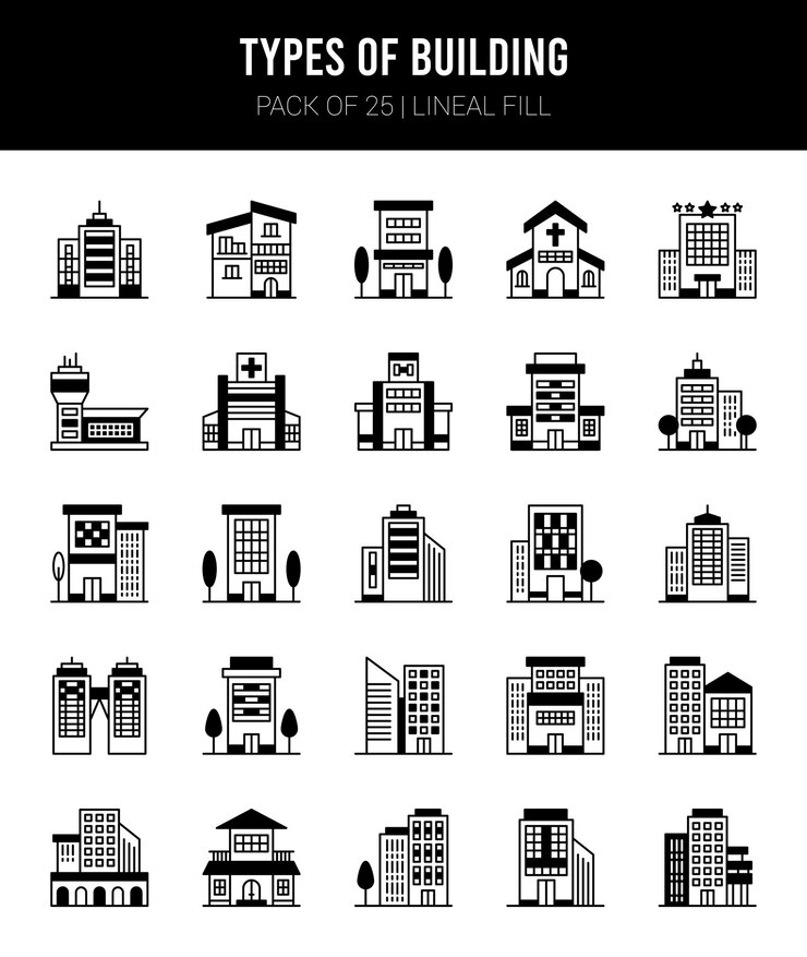Vector 25 soorten gebouwen lineaire vulling iconen pack vector illustratie