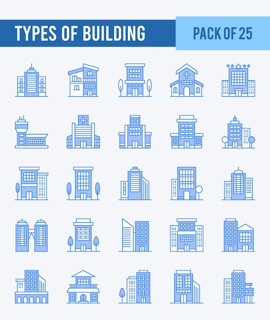 25 soorten gebouwen Lineal Color icon pack vector illustratie