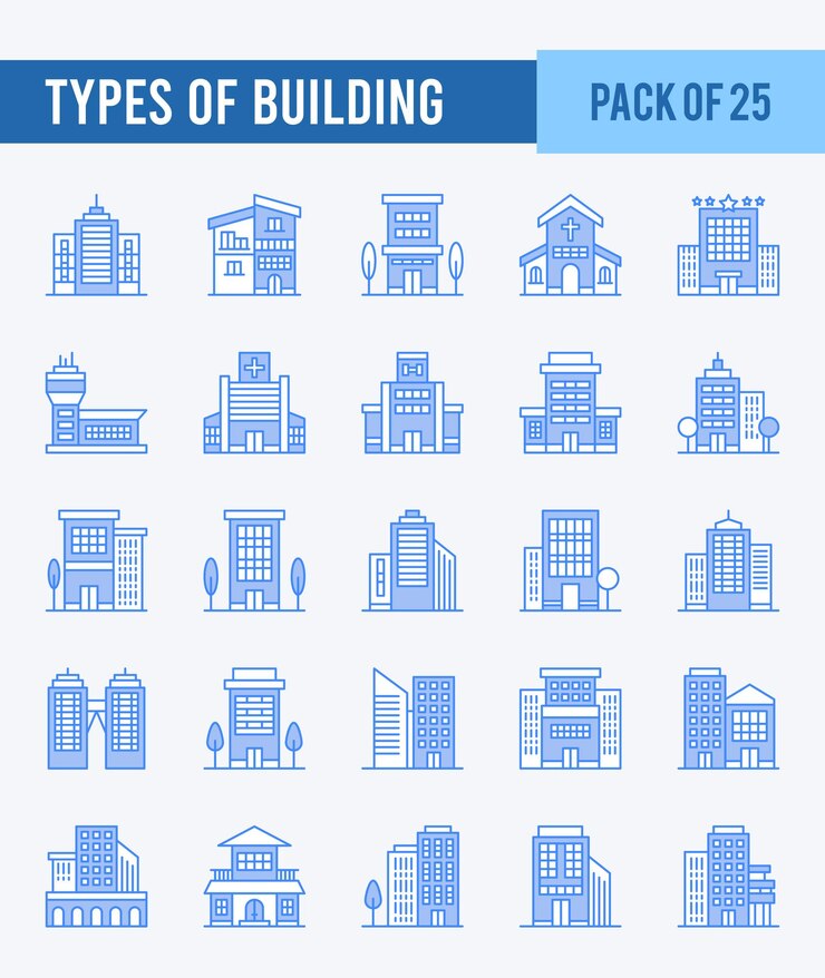 Vector 25 soorten gebouwen lineal color icon pack vector illustratie