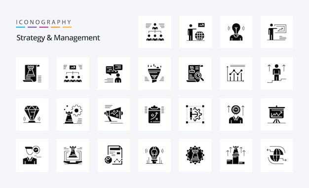 Vector 25 strategy and management solid glyph icon pack vector icons illustration