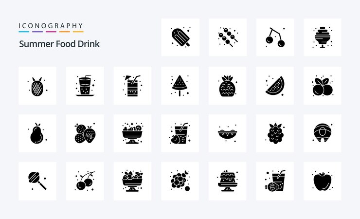 25 Summer Food Drink Solid Glyph icon pack Векторная иллюстрация иконок