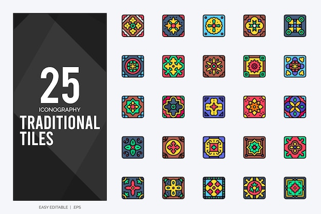 25 の伝統的なタイル線形カラー アイコン パックのベクトル図