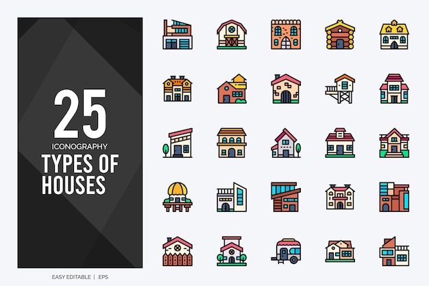 25 Types of Houses Lineal Color icons pack vector illustration