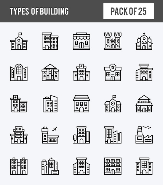 25가지 유형의 건물 선형 확장 아이콘 팩 벡터 그림