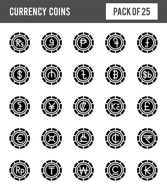 25 Valuta Munten Glyph icon pack vector illustratie