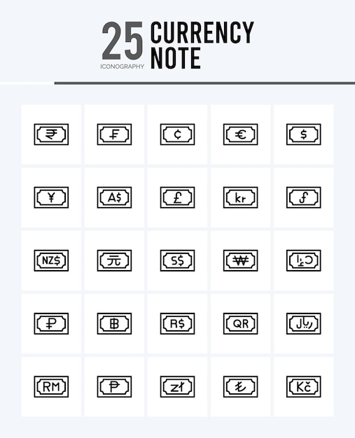 25 Valuta Opmerking Overzicht pictogrammen Pack vector illustratie